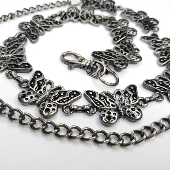 Butterfly Link Chain Belt Silvertone Black Rhinestones Whimsey Goth 25 1/2"- 40" - Picture 2 of 4